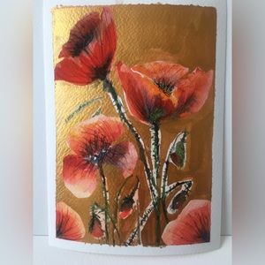 Poppies with gold watercolor painting.